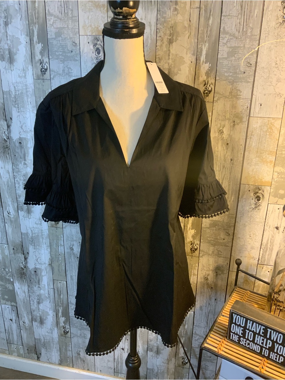 Chico's Black V-Notch Short Sleeve Pom-Trim Tunic. Size 16.